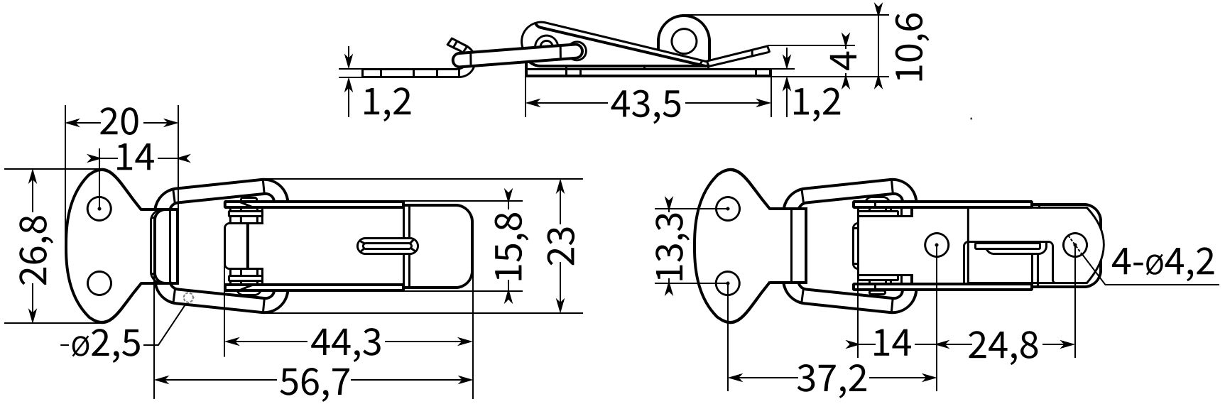 Замок-защелка с ушком L=57 B19C - схема и размеры