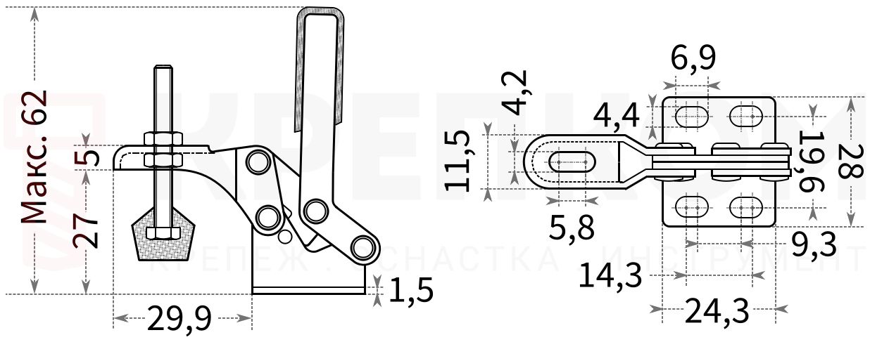Прижим рычажный вертикальный L=62 мм, нагрузка 30 кг, 24110 - схема, чертеж
