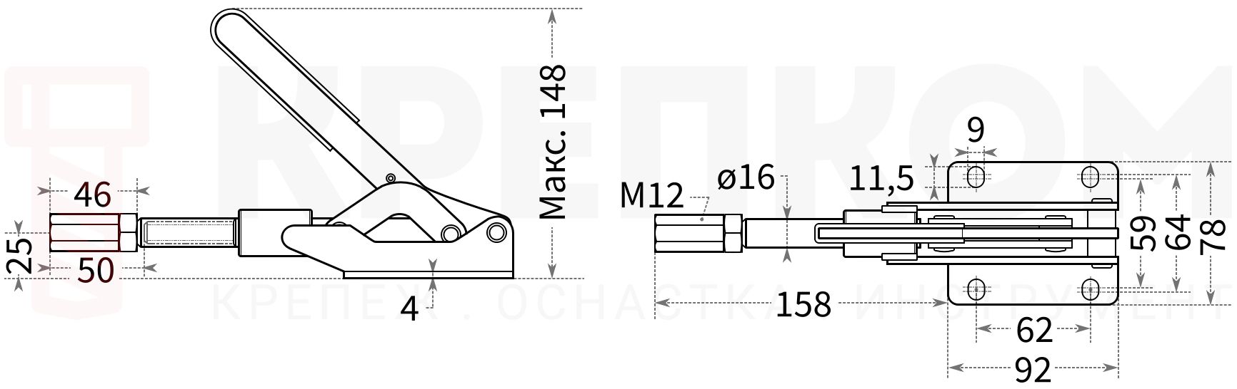 Прижим 414-FN - схема с размерами