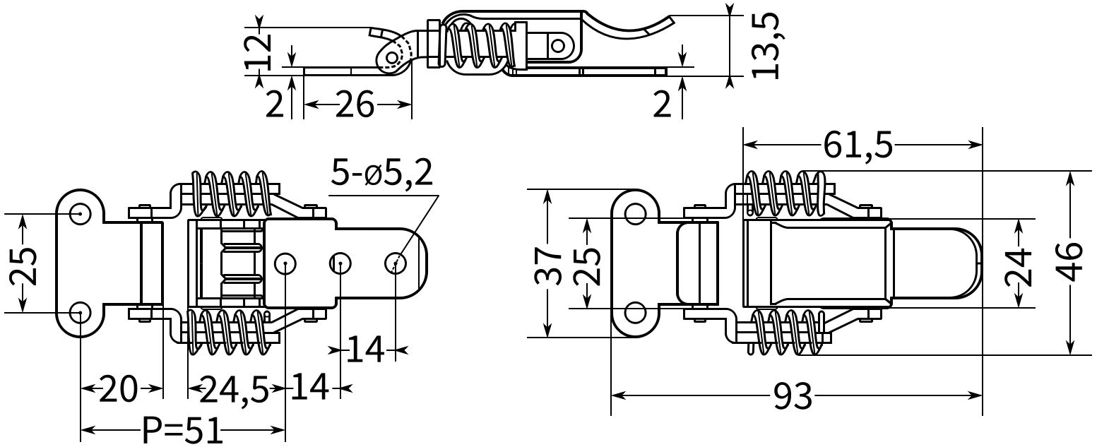 Замок-защелка натяжной L=93 B81 - схема и размеры