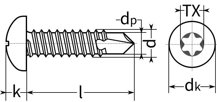 Саморез с буром и полукруглой головкой со шлицем Torx DIN 7504 M (N) - схема
