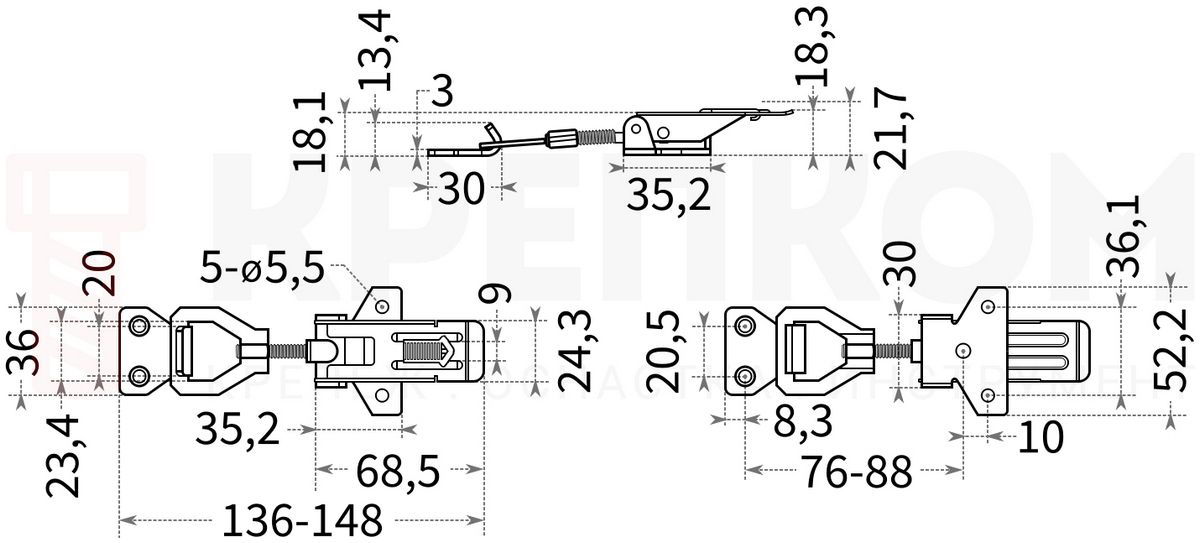 Замок регулируемый натяжной B03C-3 - схема, размеры
