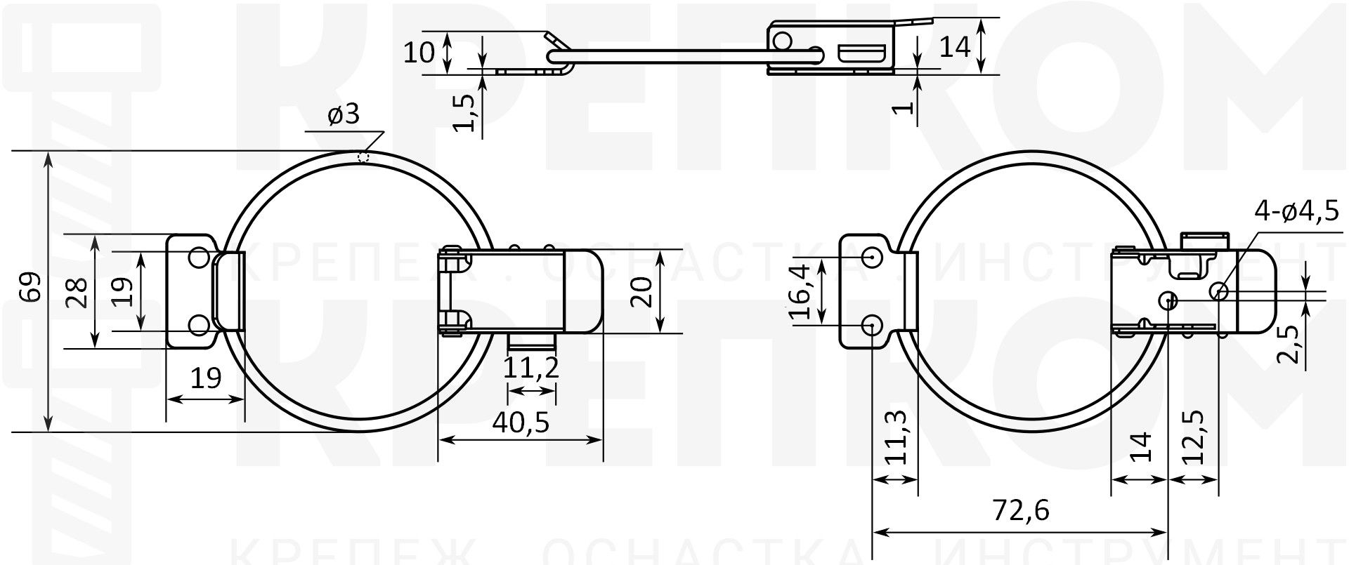 Защелка для ящиков, боксов L=86 B32C-3 схема с размерами