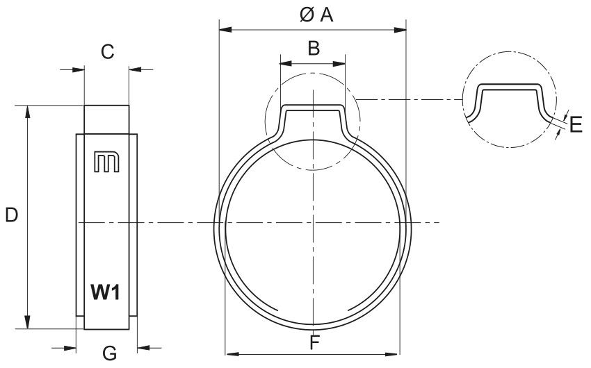 Хомут ушной с внутренним кольцом 11,5-13,3 мм MIKALOR, оцинкованная сталь W1 - схема, чертеж