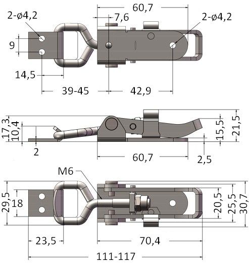 Замок регулируемый натяжной 5118C - размеры, чертеж