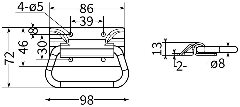 Откидная ручка для ящика 98 мм, M14-2 - размеры, схема