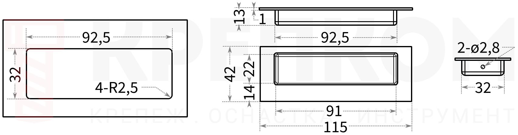 Встраиваемая нержавеющая ручка N47C - размеры, схема