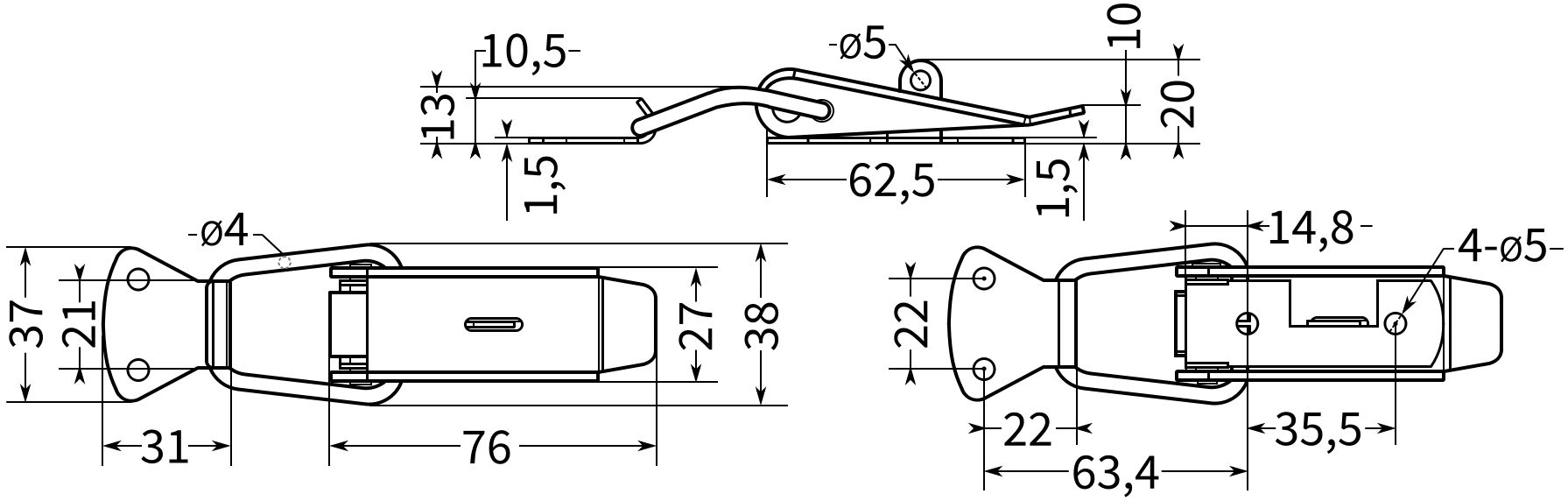 Замок-защелка лягушка L=76 B61C - схема, размеры