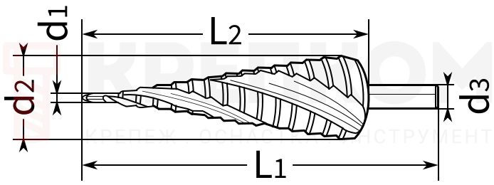 Сверло ступенчатое по металлу с тремя спиральными канавками HSS-Co Messer - схема, чертеж