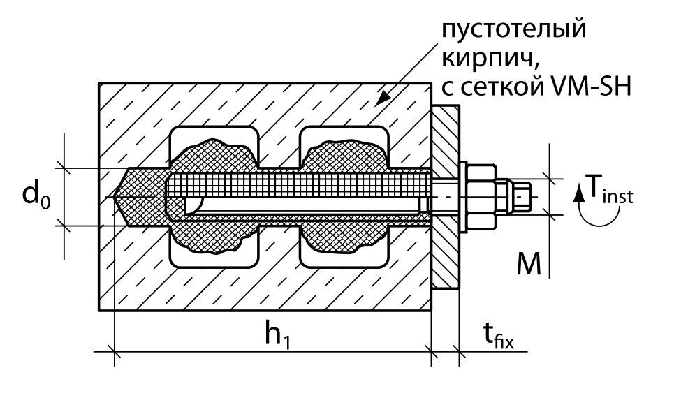 Схема установки в пустотелый кирпич MKT V-A, оцинкованная сталь 5.8