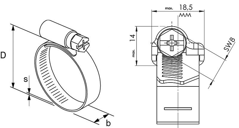 Хомут червячный перфорированный 150-170/14 мм TORK HR014W1-150170-101, оцинкованная сталь W1 - схема, чертеж