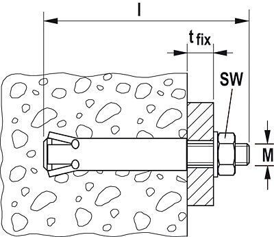 Анкерный болт fischer ZYKON с подрезкой для сквозного монтажа - схема, чертеж