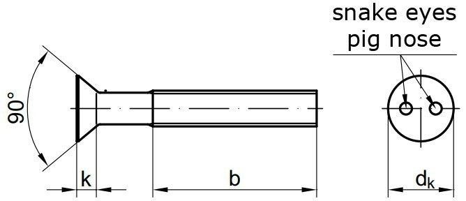 Антивандальный винт с потайной головкой и шлицем "snake eyes / pig nose" (~DIN 963) - чертеж