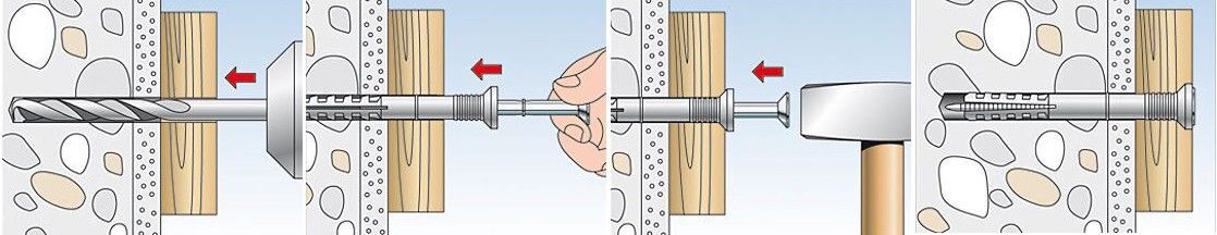 Дюбель-гвоздь fischer с грибовидным бортиком - монтаж