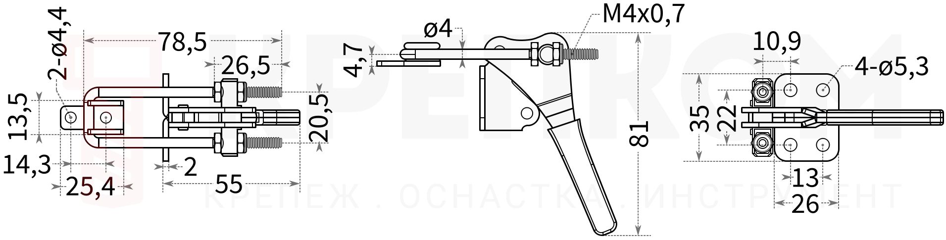Прижим рычажный вертикальный L=79 мм HD-40324 чертеж с размерами