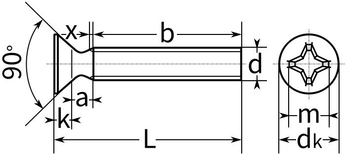 Винт потай со шлицем PZ DIN 965 (ISO 7046) - схема