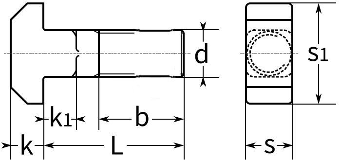 Болт 20х155 с Т-образной головкой DIN 186 к станочным пазам, класс прочности 10.9, сталь без покрытия - схема