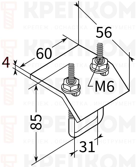 Зажим балочный для профилей 28 (18-30) М6 TERMOCLIP - схема, чертеж