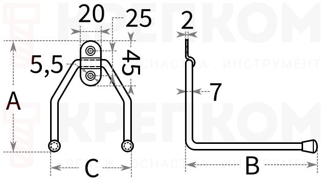 Крюк настенный L-образный двойной - схема, чертеж