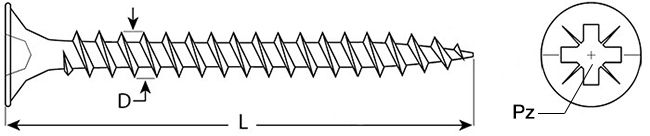 Саморез по дереву и ДСП с потайной головкой и шлицем PZ арт. 9050 - схема, чертеж