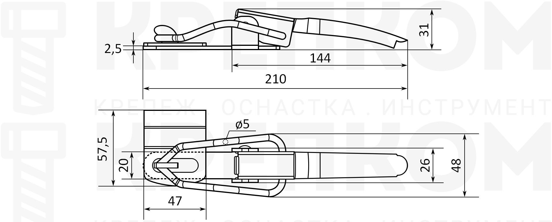 Замок-защелка удлиненная L=195 B72C схема с размерами