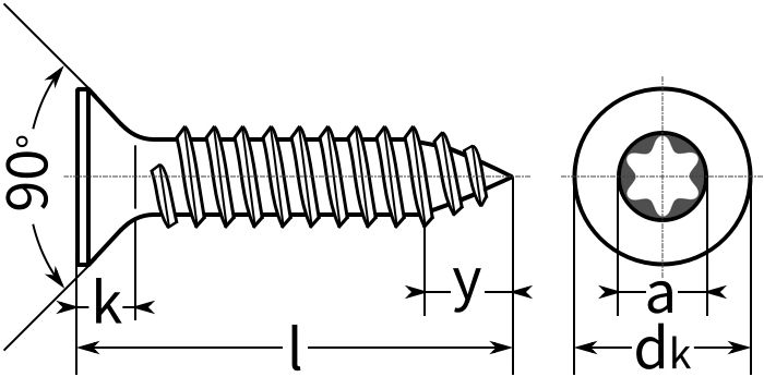 Саморез с потайной головкой и шлицем TORX, ISO 14586 (DIN 7982) форма C - схема, чертеж