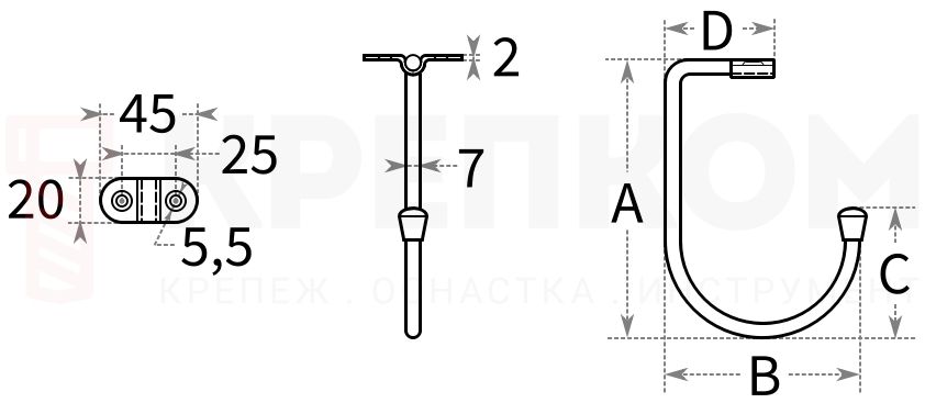 Крюк потолочный j-образный - схема, чертеж