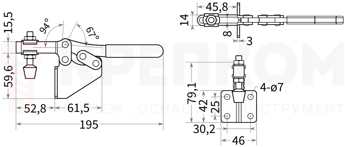 Прижим рычажный горизонтальный L=195 мм HD-202F - чертеж с размерами