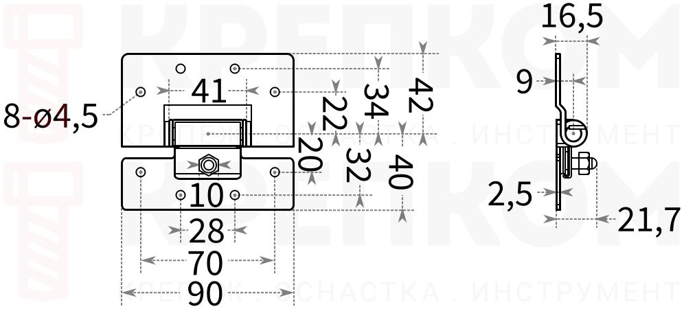Поворотная петля L310C-2 - схема с размерами