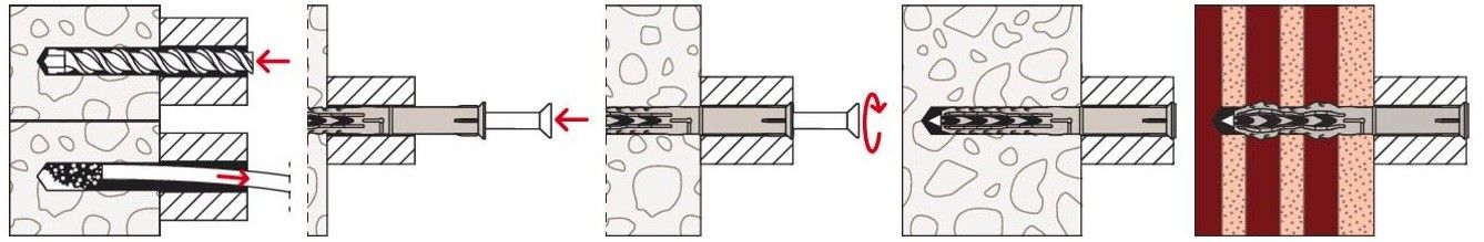 Установка фасадного дюбеля с шурупом в твёрдые и пустотелые основания - схема