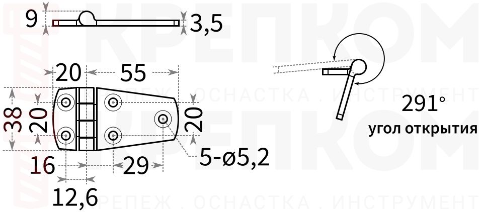 Петля для дверей L15C - схема с размерами