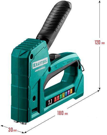 Степлер 7-в-1: тип 53 (6-14 мм)/140 (8-14 мм)/13/ 53F/36/500 Universal Kraftool 31524 - размеры