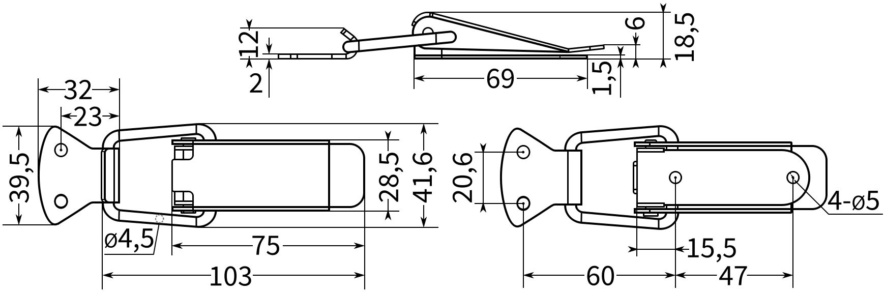 Замок-защелка лягушка L=103 B12, схема и размеры