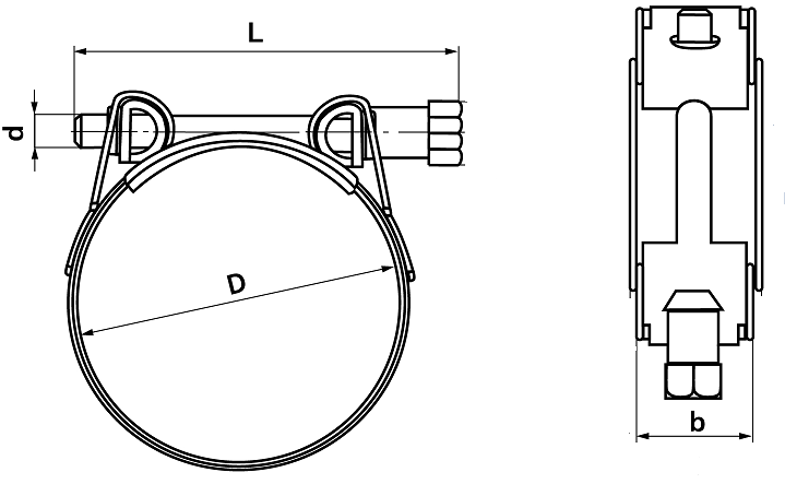 Хомут силовой одноболтовый, нержавеющая сталь W2 - схема, чертеж