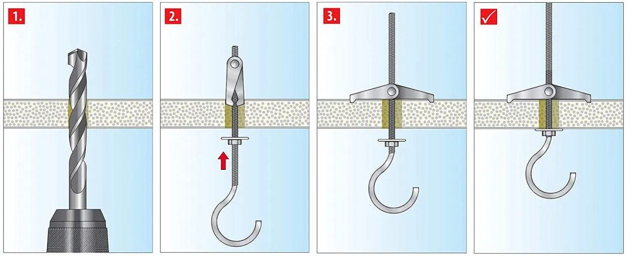 Установка складного пружинного дюбеля - коллаж
