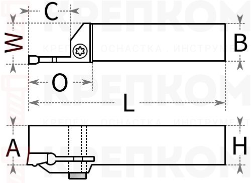 Державка резца отрезного для наружной обработки RF151.22-2020-20 - схема, чертеж