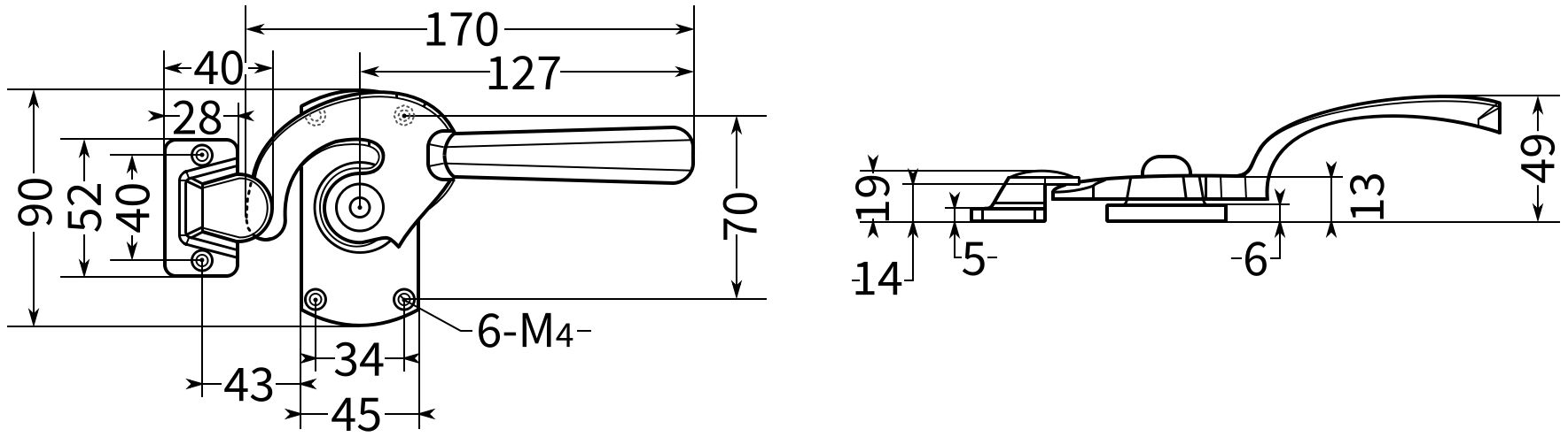 Ручка-защелка дверная L=170, N12C-2M - схема и размеры