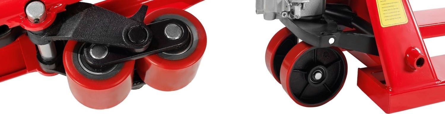 Полиуретановые колеса на гидравлической тележке - коллаж