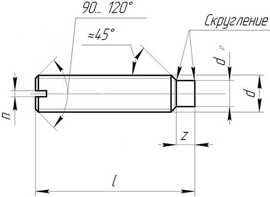 Винт установочный DIN 417 с цапфой и прямым шлицем - чертеж