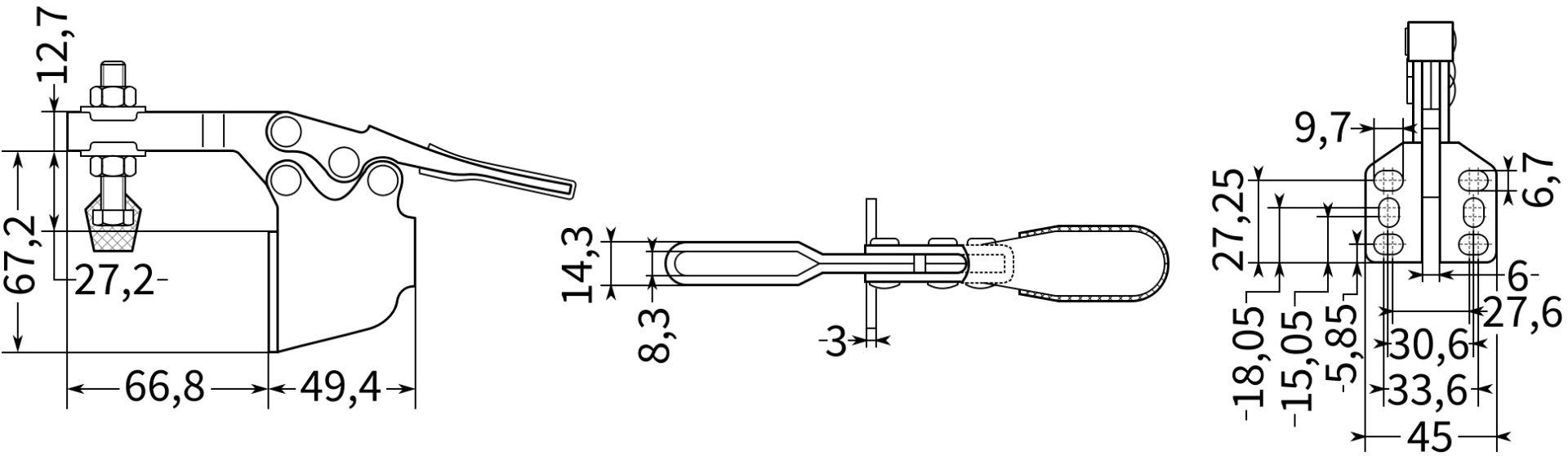 Прижим рычажный горизонтальный HD-225DSM - размеры