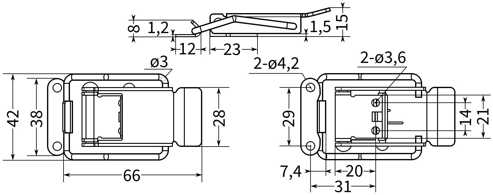 Замок-защелка самозапирающийся L=66 B97C - схема и размеры