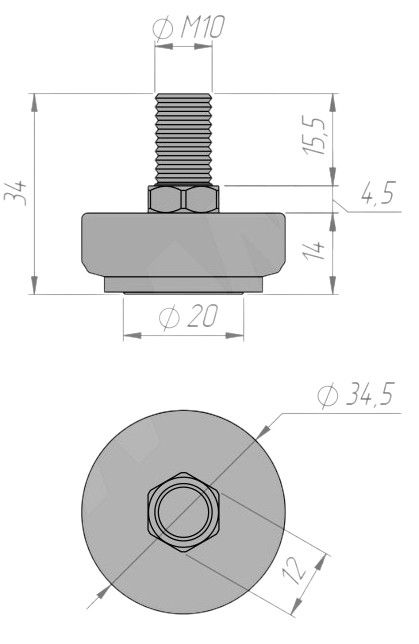Ножка мебельная, М10, хром - схема, чертеж