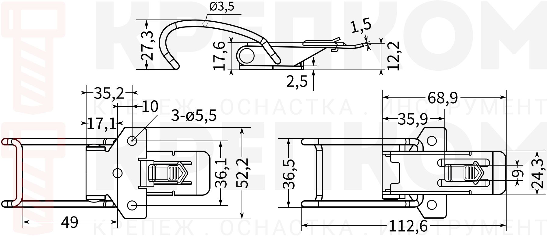 Защелка для крышек и ящиков L= 112 B262C-3 - схема и размеры