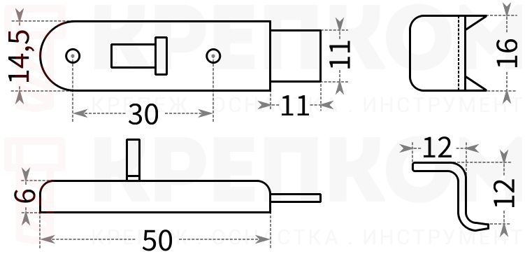 Задвижка мебельная 50 мм ФБ-058 - схема, чертеж