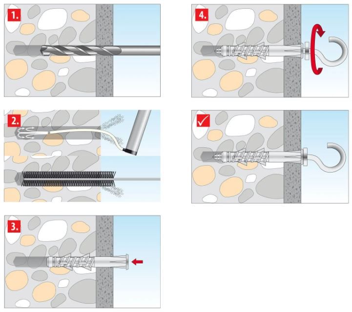 Монтаж дюбеля с полукольцом TOX - схема