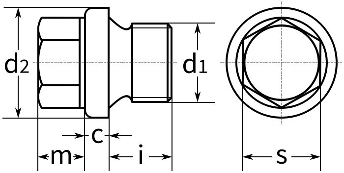 Пробка-заглушка дюймовая с шестигранной головкой и фланцем DIN 910 - схема, чертеж