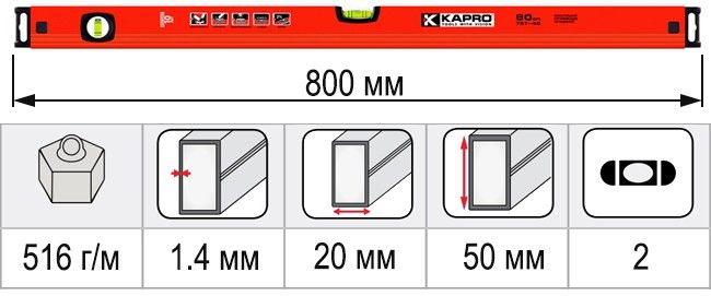 Размеры уровень строительный 800 мм KAPRO HELIUS 787-40-80