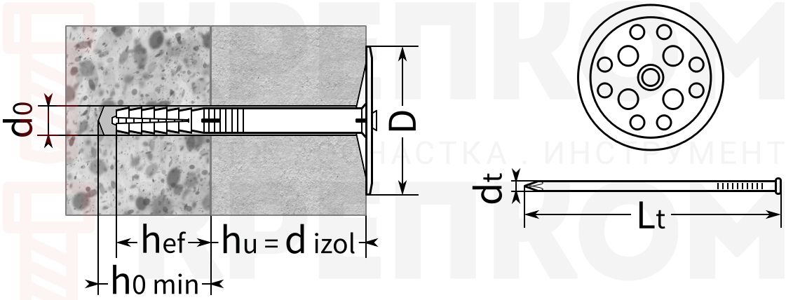 Дюбель для крепления термоизоляции Wkret-Met LIT - схема, чертеж