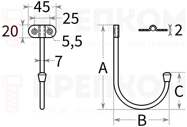 Крюк настенный J-образный - схема, чертеж