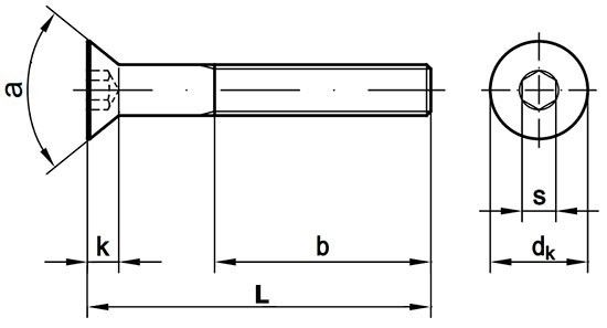 Винт потай с внутренним шестигранником DIN 7991 - схема, чертеж